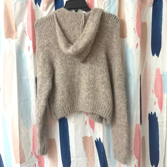 Halogen Tan Fuzzy Wool Blend Zip Front Cropped Sweater Hoodie Size Small - Picture 7 of 14